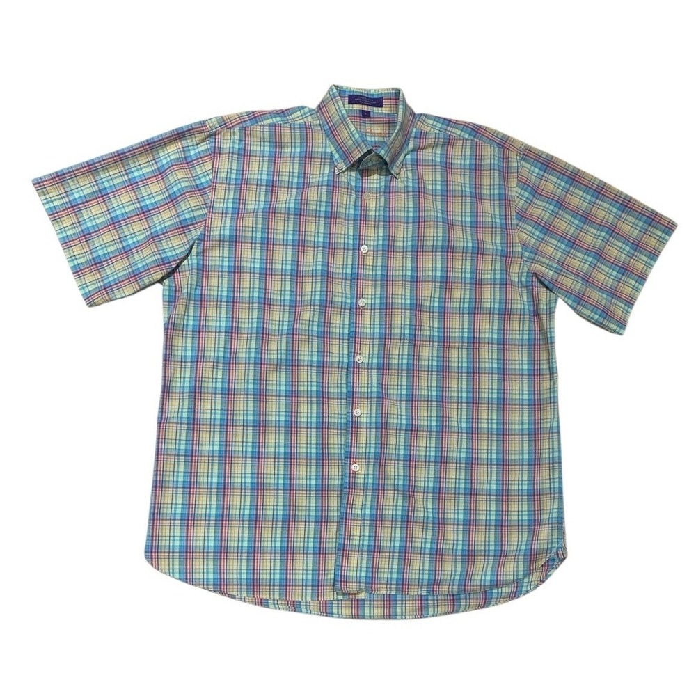 Alan Flusser Mens Shirt Plaid Button Down Short‎ Sleeve COLORFUL Plaid Size L - Picture 2 of 10